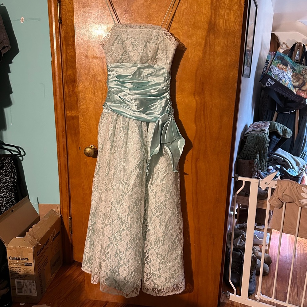 Elegant Light Turquoise Strapless  Vintage Prom Gown from 1987. By Glenrob